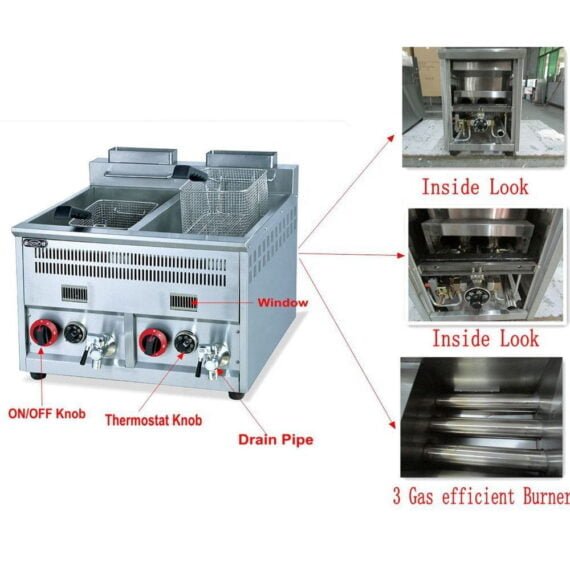 Gas Double Tank Deep Fryer 16x2 Liter With Oil Filter Tap Automatic Thermostat