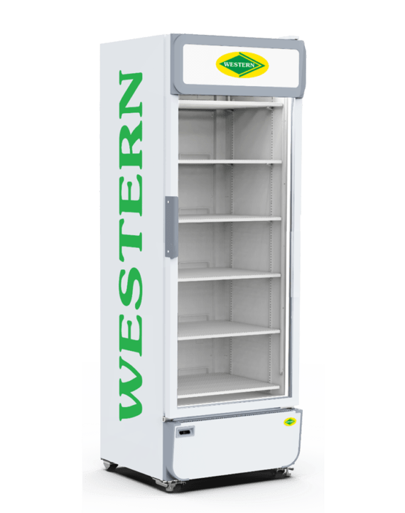 a white refrigerator with shelves