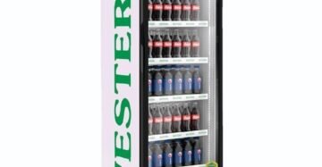 a cooler with bottles of soda